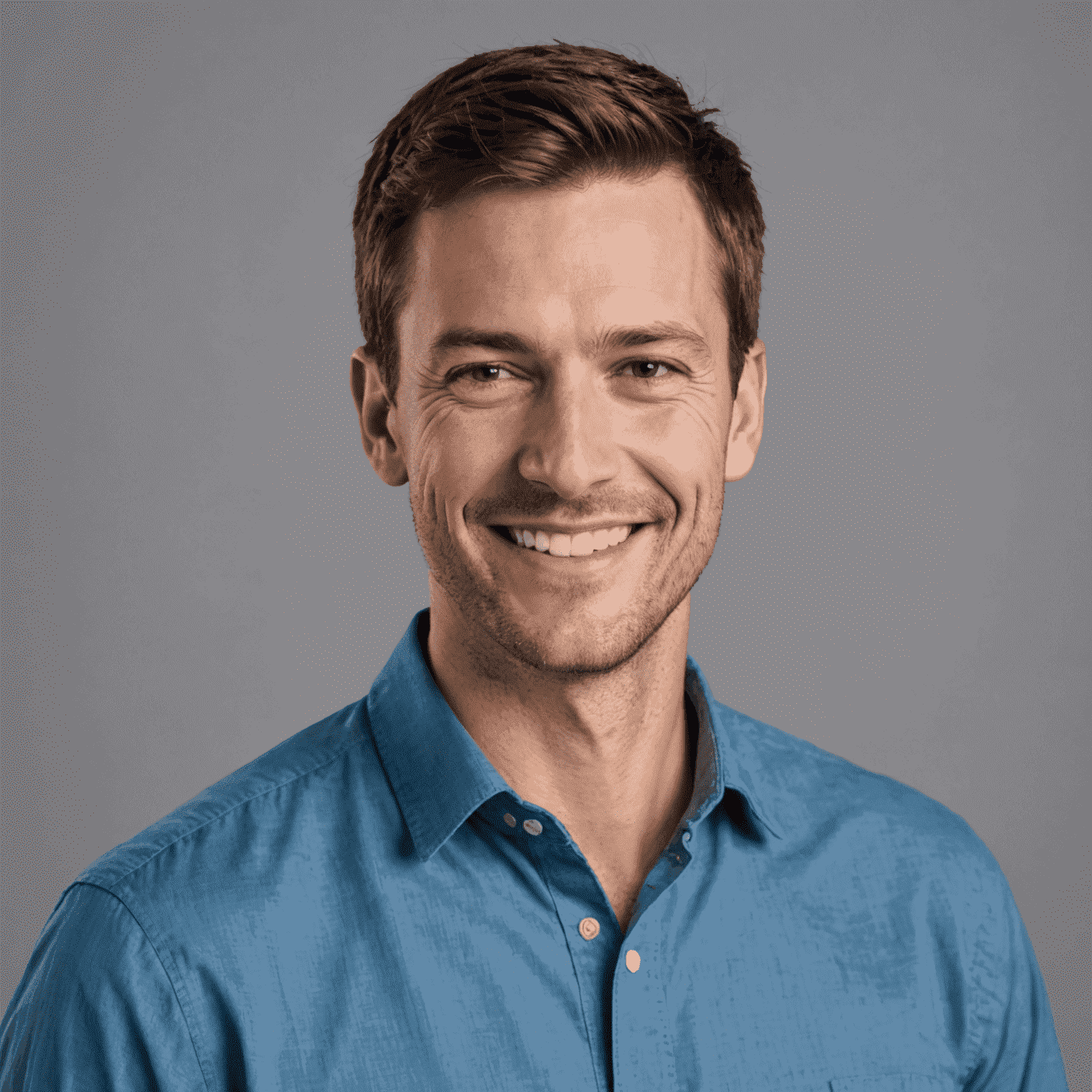 Portrait of a smiling man in his 30s with short brown hair, wearing a blue shirt