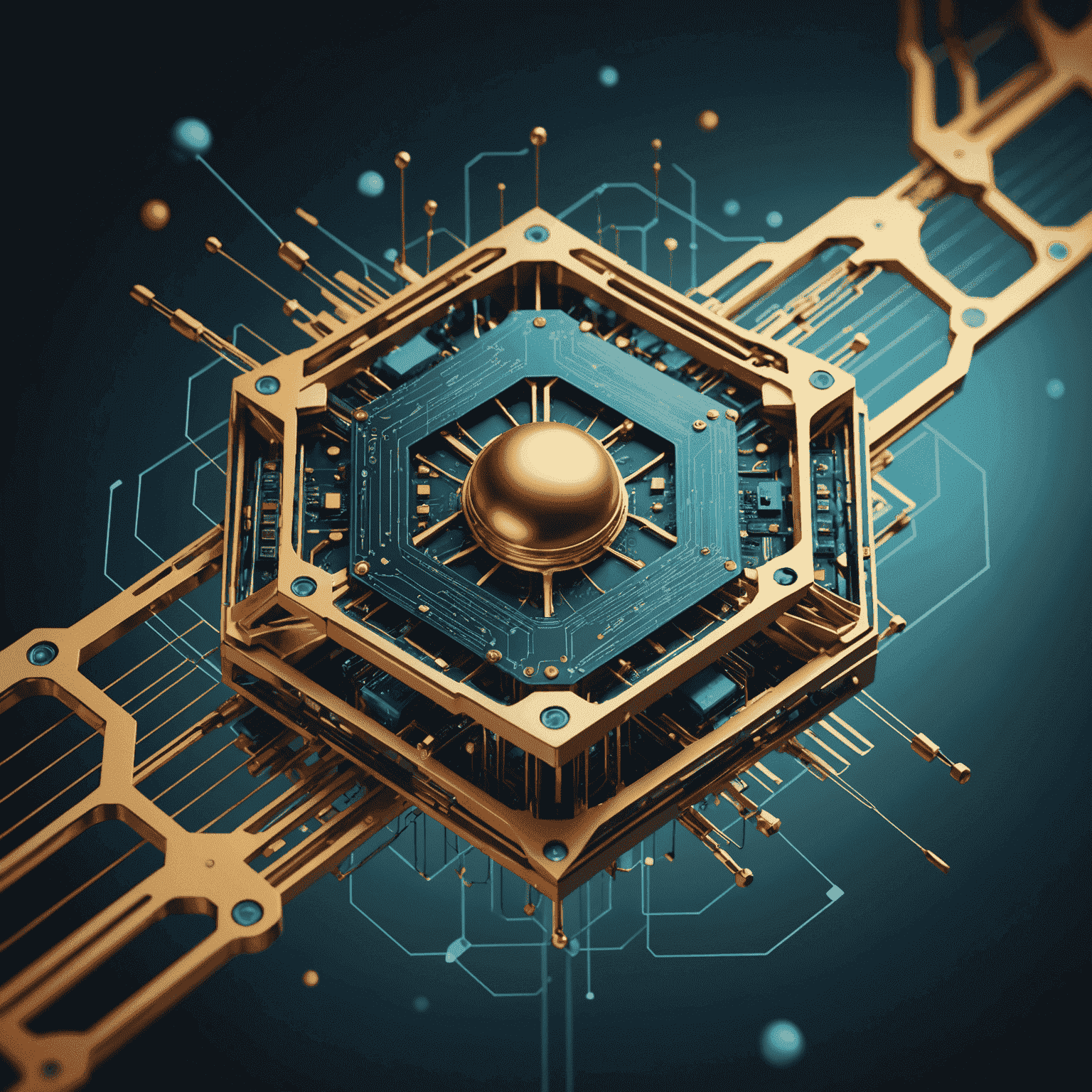 An abstract representation of quantum computing, showcasing qubits and quantum circuits