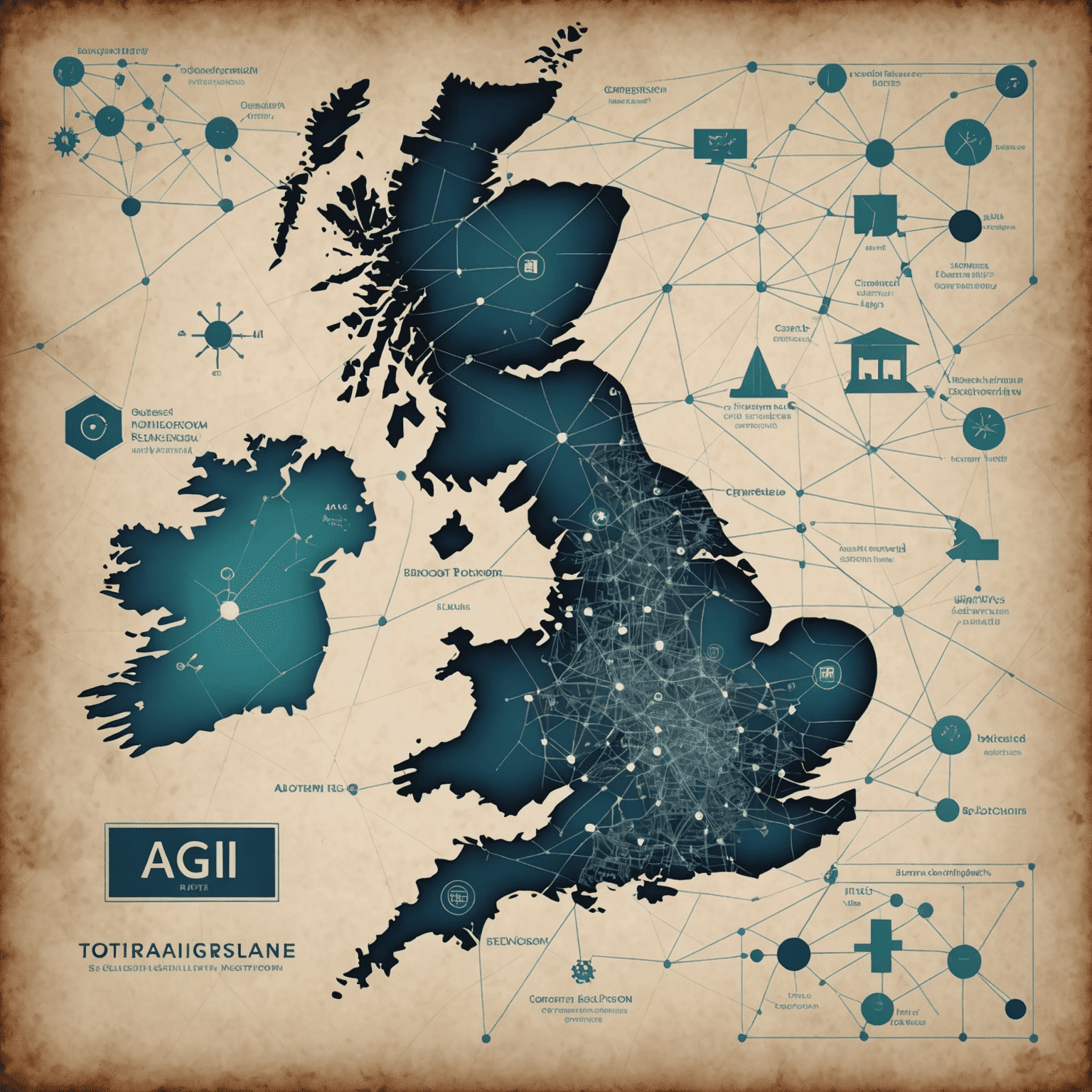 A visual representation of artificial intelligence technology, with digital circuits and networks overlaid on a map of the United Kingdom, symbolizing the transformative impact of AI across various industries in the country.