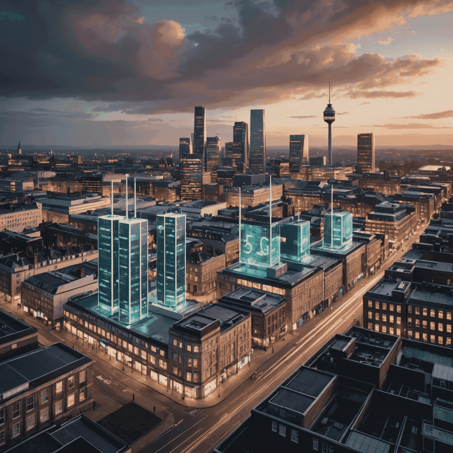 5G technology concept with wireless network towers and devices connected in a city in the United Kingdom