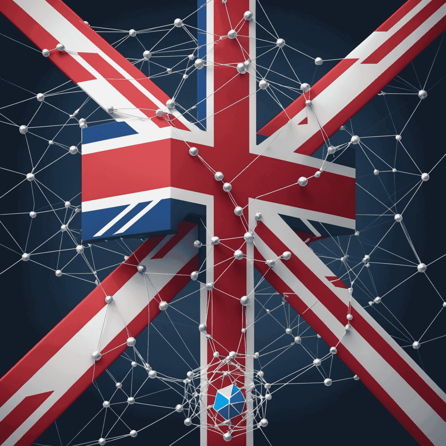 Illustration of the United Kingdom flag merging with a blockchain network, symbolizing the country's influence on the technology