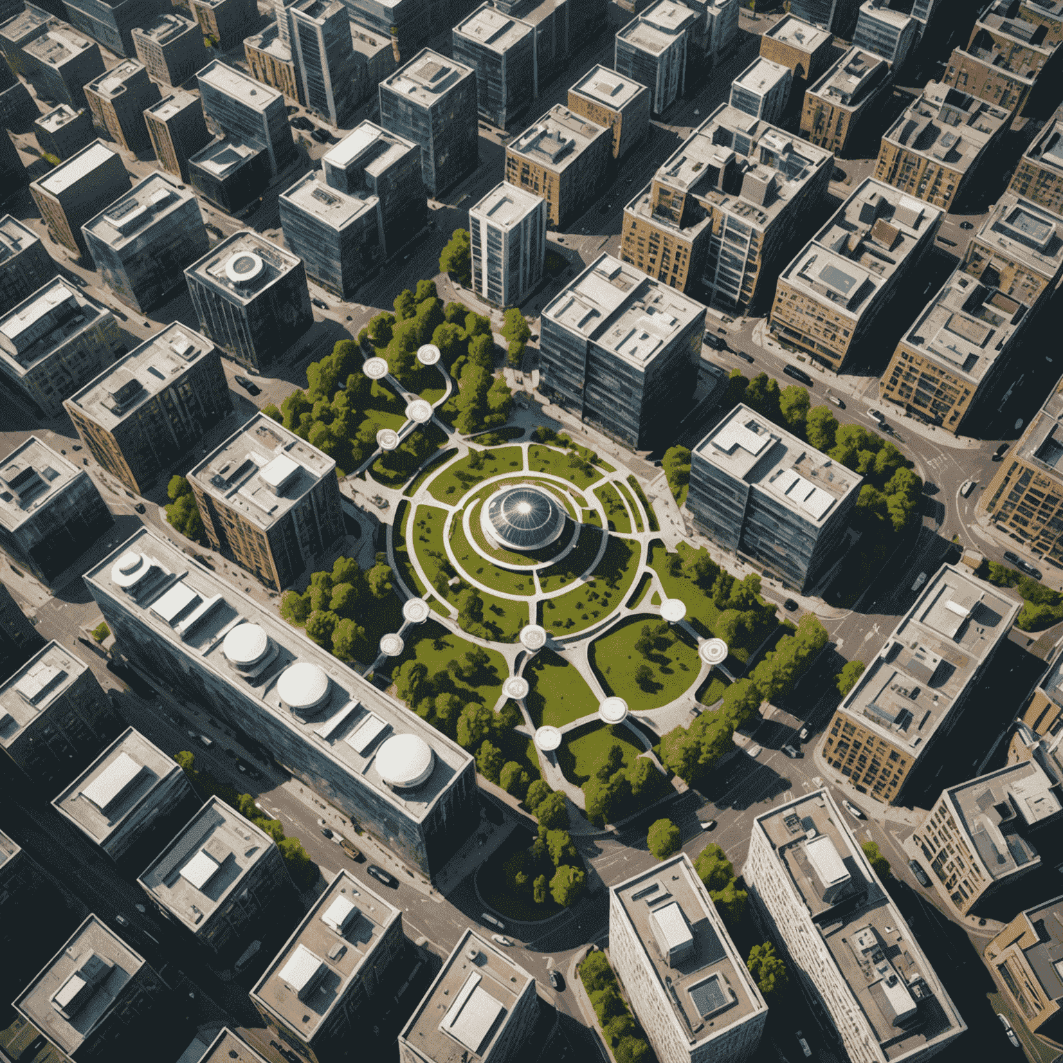 Aerial view of a modern city with IoT devices and sensors connected, representing the smart city concept in the UK