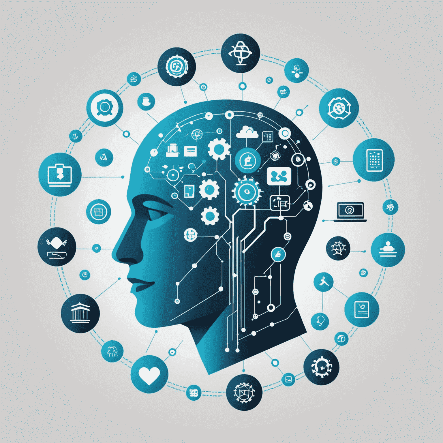 A visual representation of AI transforming various industries, with icons representing healthcare, finance, and manufacturing