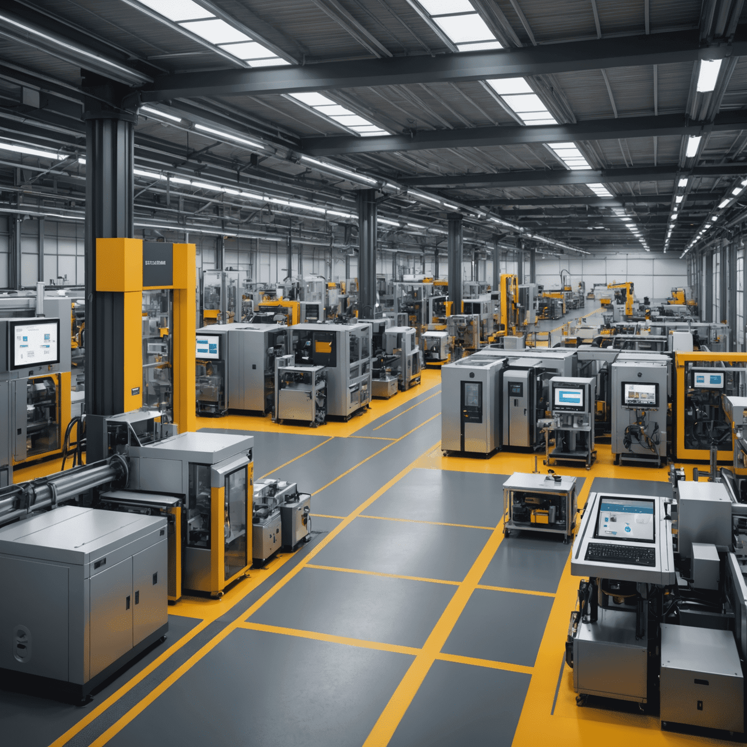 A smart factory floor with automated machinery and IoT sensors, showcasing the application of IoT in UK industries