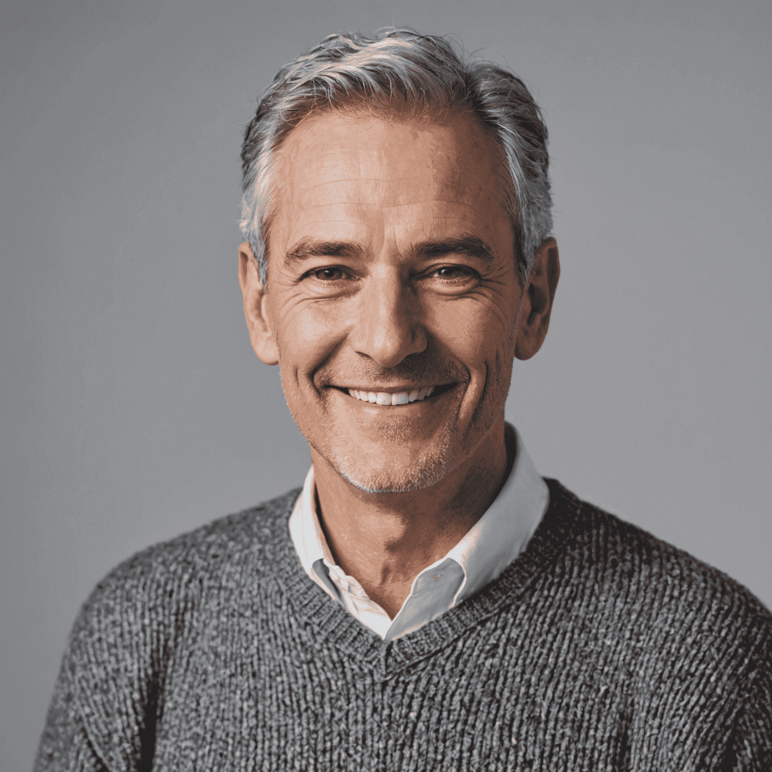 Portrait of a smiling man in his 50s with grey hair, wearing a white shirt and a grey sweater