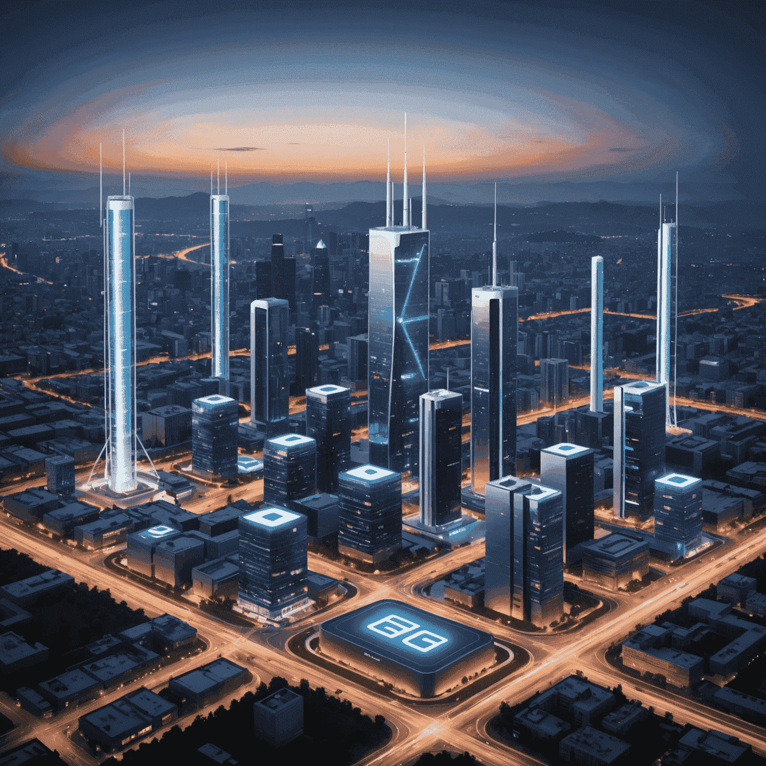 An illustration of 5G towers and connected devices, showcasing the high-speed network