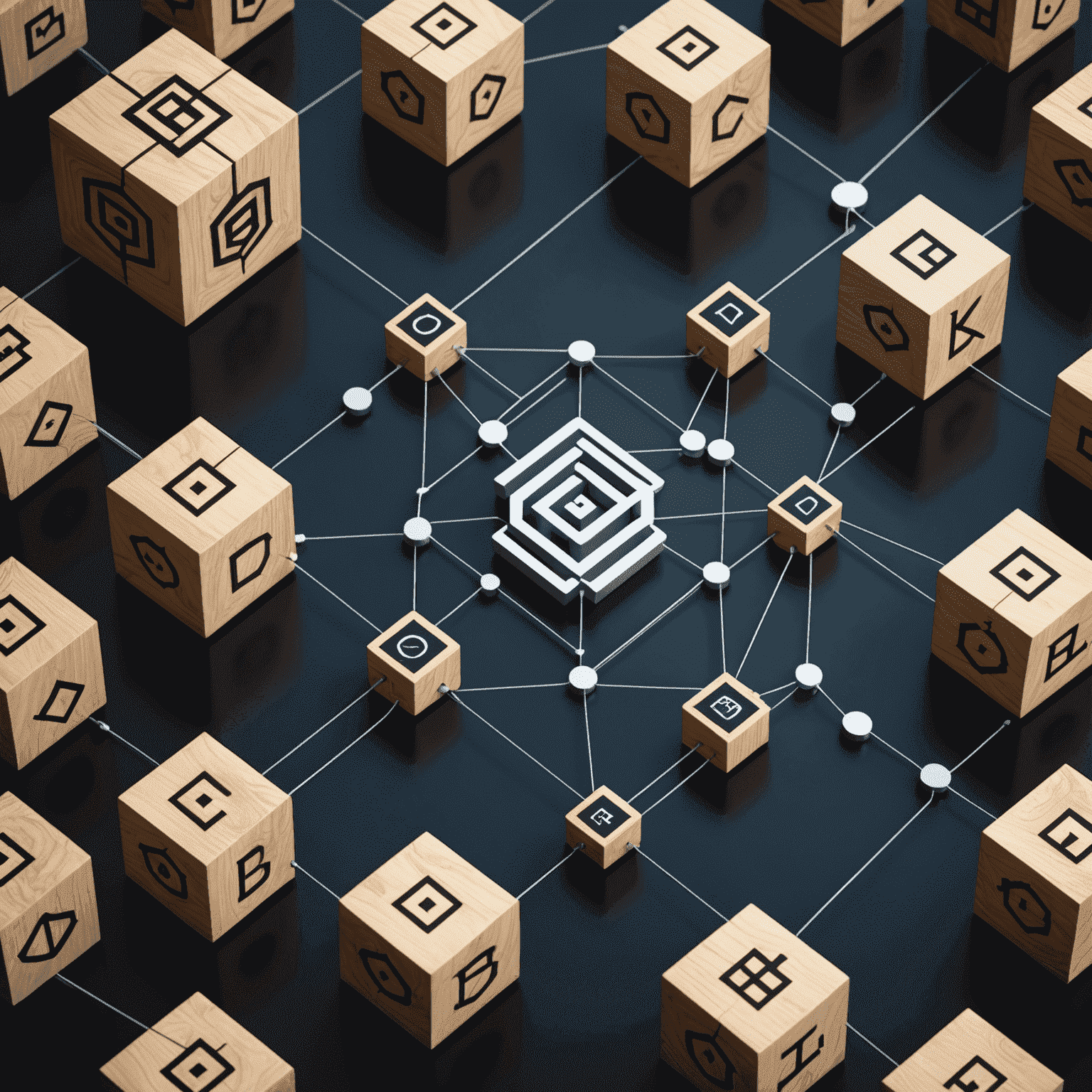 A conceptual representation of blockchain technology, with interconnected blocks and cryptographic symbols