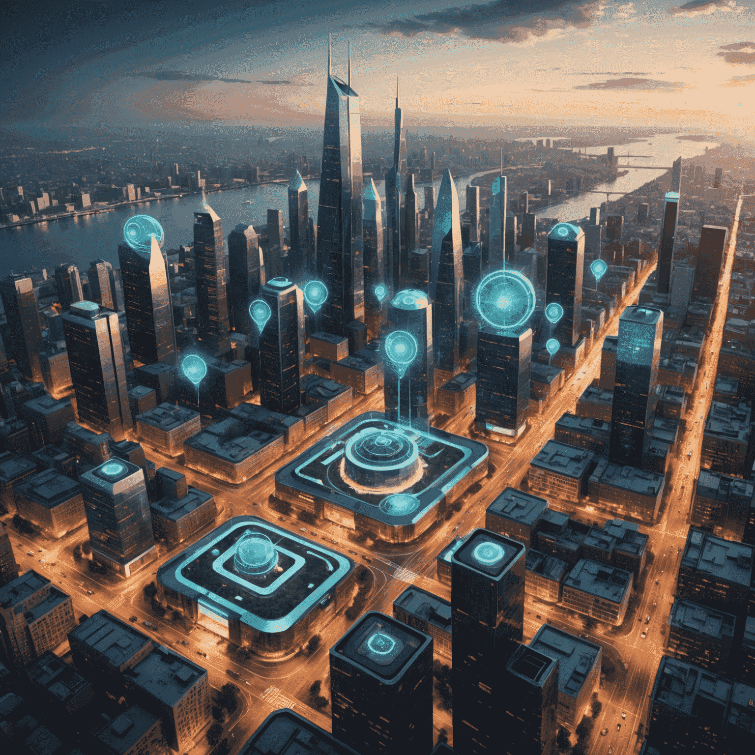 A futuristic cityscape with interconnected devices and sensors, representing the Internet of Things (IoT) in smart cities